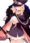  absurdres arm_up artist_name black_dress choker cowboy_shot dress fur_trim girls_frontline gun hair_between_eyes hand_on_headwear hat highres jacket_on_shoulders jewelry joseph_lee kar98k_(girls_frontline) long_hair long_sleeves looking_at_viewer military_hat peaked_cap pendant pink_eyes pink_hair rifle short_dress sidelocks simple_background solo very_long_hair watermark weapon weibo_logo weibo_username white_background 