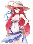  ahoge bangs blue_eyes blue_swimsuit bracelet breasts closed_mouth cosplay covered_navel cowboy_shot eyebrows_visible_through_hair frilled_swimsuit frills frown genkillua granblue_fantasy hand_on_hip heles heles_(cosplay) high_school_dxd jewelry long_hair looking_at_viewer medium_breasts navel one-piece_swimsuit red_hair rias_gremory sarong see-through solo standing swimsuit very_long_hair white_background white_swimsuit 