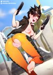  1girl anus areolae artist_name breasts brown_eyes brown_hair cameltoe crotch cutout feet from_behind gun jacket looking_at_viewer looking_back neocoill nipples one_eye_closed open_jacket open_mouth overwatch patreon pussy pussy_juice short_hair soles solo spiked_hair toes tracer_(overwatch) uncensored weapon web_address wink 