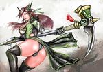 1girl alternate_costume artist_request ass black_panties breasts brown_hair coattails forehead_jewel gloves green_eyes hair_ornament hat headgear highres large_breasts long_hair looking_at_viewer scythe shin_sangoku_musou shiny shiny_clothes shiny_hair shiny_skin sideboob solo thick_thighs thighhighs weapon white_gloves yue_ying 