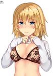  2017 areolae blonde_hair blue_eyes blush bra breasts cleavage dated dyxm eyebrows_visible_through_hair fate/apocrypha fate_(series) hair_between_eyes highres jeanne_d'arc_(fate) jeanne_d'arc_(fate)_(all) long_hair medium_breasts see-through shirt shirt_lift signature simple_background solo underwear upper_body white_background white_shirt 