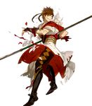  arai_teruko armor armored_boots back bell boots brown_hair fire_emblem fire_emblem_heroes fire_emblem_if full_body headband highres injury japanese_clothes male_focus naginata official_art polearm purple_eyes shinonome_(fire_emblem_if) solo teeth torn_clothes transparent_background weapon 