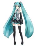  aqua_eyes aqua_hair boots commentary_request detached_sleeves eyebrows_visible_through_hair full_body hatsune_miku headset highres light_smile long_hair looking_at_viewer necktie skirt sleeves_past_wrists solo thigh_boots thighhighs transparent_background twintails very_long_hair vocaloid yuunagi_show 
