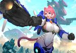  ariverkao armor battle blue_eyes breasts cat_ears cat_tail covered_navel day gun large_breasts leotard lips mecha multiple_boys multiple_girls original pink_hair short_hair signature skin_tight sky solo_focus tail thighhighs weapon 