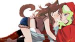  animal_ears artist_name beizhe_mu_jita_de_xiao_zhu big_bad_wolf big_bad_wolf_(cosplay) commentary_request cosplay diana_cavendish highres hood kagari_atsuko little_red_riding_hood little_red_riding_hood_(grimm) little_red_riding_hood_(grimm)_(cosplay) little_witch_academia multiple_girls one_eye_closed pantyhose role_reversal tail wolf_ears wolf_tail yuri 