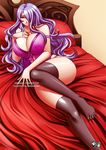  bed black_panties breasts camilla_(fire_emblem_if) cleavage fire_emblem fire_emblem_if groin hair_over_one_eye huge_breasts jadenkaiba lingerie lips long_hair nipples panties purple_eyes purple_hair see-through smile solo thighs underwear very_long_hair wavy_hair 