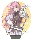  armor blush cape fire_emblem fire_emblem_heroes fire_emblem_if gloves hairband kizuki_miki long_hair looking_at_viewer pantyhose pink_hair purple_eyes simple_background smile soleil_(fire_emblem_if) solo white_background 