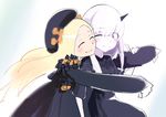  abigail_williams_(fate/grand_order) absurdres albino black_dress black_hat blonde_hair blush bow closed_eyes commentary dress fate/grand_order fate_(series) grin hat hat_bow highres hug lavinia_whateley_(fate/grand_order) long_hair looking_at_another multiple_girls one_eye_closed red_eyes saekiti0201 sketch sleeves_past_wrists smile white_hair white_skin 