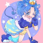  ;d all_fours animal_ears blue_background blue_eyes blue_footwear blue_gloves blue_hair blue_legwear blue_shirt blue_skirt bubble_skirt colored_eyelashes crown cure_gelato earrings extra_ears gloves jewelry kirakira_precure_a_la_mode layered_skirt lion_ears lion_tail long_hair looking_at_viewer magical_girl mini_crown norainu one_eye_closed open_mouth pink_background precure shirt shoes single_thighhigh skirt smile solo star star_in_eye symbol_in_eye tail tail_raised tategami_aoi thighhighs yellow_skirt 