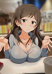  absurdres between_breasts blurry blush breast_rest breasts brown_eyes brown_hair cleavage commentary_request depth_of_field food highres idolmaster idolmaster_million_live! j.roswel kitazawa_shiho large_breasts long_hair melting outstretched_hand pocky solo sweatdrop 