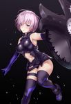  armor armored_dress armpits bare_shoulders black_legwear breasts commentary_request cowboy_shot elbow_gloves fate/grand_order fate_(series) gloves hair_over_one_eye jirusu lavender_eyes lavender_hair looking_at_viewer mash_kyrielight medium_breasts parted_lips shield short_hair solo thighhighs 