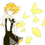  androgynous black_neckwear blonde_hair bug butterfly cojimama dated gem_uniform_(houseki_no_kuni) houseki_no_kuni insect necktie shirt short_hair short_sleeves signature solo suspenders uniform white_background white_shirt yellow_eyes zircon_(houseki_no_kuni) 