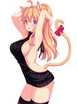  ahoge animal_ears arched_back arms_behind_head arms_up artist_self-insert backless_outfit black_legwear black_sweater blonde_hair blush bow breasts cat_ears cat_tail eyebrows_visible_through_hair fast-runner-2024 highres kemonomimi_mode large_breasts long_hair looking_at_viewer meme_attire nearly_naked_sweater no_bra original panties panty_peek ponytail red_bow red_eyes ribbed_sweater sideboob simple_background solo standing sweater tail tail_bow tareme thighhighs thighs tiffy underwear virgin_killer_sweater white_background white_panties 