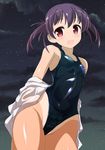  :d blue_swimsuit cameltoe cloud covered_navel cowboy_shot flat_chest highleg highleg_swimsuit highres jacket looking_at_viewer night night_sky one-piece_swimsuit one-piece_tan open_mouth outdoors purple_hair red_eyes saki school_swimsuit shinkon_santaku shiny shiny_clothes short_hair sky smile solo star_(sky) starry_sky swimsuit tan tanline twintails usuzumi_hatsumi white_jacket xiao_rui_rui 
