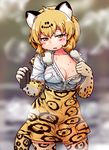  animal_ears blonde_hair blush breasts collarbone commentary_request covered_navel covered_nipples cowboy_shot elbow_gloves eyebrows_visible_through_hair fur_collar gabyo_nuno gloves green_eyes half-closed_eyes hands_up high-waist_skirt holding jaguar_(kemono_friends) jaguar_ears jaguar_print jaguar_tail kemono_friends looking_at_viewer medium_breasts multicolored multicolored_clothes multicolored_legwear no_bra outdoors parted_lips shiny shiny_hair shirt shirt_pull short_hair short_sleeves skirt solo standing tail thighhighs undressing wet wet_clothes wet_face wet_hair wet_shirt wet_skirt white_shirt zettai_ryouiki 