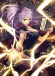  ass book breasts brown_eyes cape cleavage collar collarbone fire_emblem fire_emblem:_seisen_no_keifu holding holding_book ishtar_(fire_emblem) large_breasts lavender_hair lightning lips long_hair magic minamibe outstretched_arm ponytail rock rubble serious side_ponytail sidelocks solo thighs 