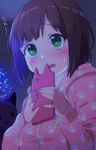  bangs blunt_bangs blush brown_hair cellphone christmas_tree commentary dark eyebrows_visible_through_hair green_eyes hood hoodie idolmaster idolmaster_cinderella_girls maekawa_miku no_nose paw_print_pattern phone short_hair smartphone solo stuffed_animal stuffed_toy sweatdrop upper_body uso_(ameuzaki) 