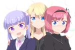  :d black_hairband black_ribbon black_shirt blonde_hair blue_eyes blue_hair blush collarbone eyebrows_visible_through_hair hair_between_eyes hair_ornament hair_ribbon hairband hand_on_another's_shoulder head_tilt jacket jewelry long_hair looking_at_viewer miracle mochizuki_momiji multiple_girls neck_ribbon necklace new_game! open_mouth pink_ribbon red_hair ribbon shirt short_hair smile suzukaze_aoba twintails upper_body white_background white_shirt yagami_kou 