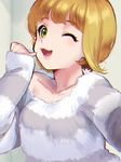  :3 ;d bangs blonde_hair eyebrows_visible_through_hair fur_sweater green_eyes idolmaster idolmaster_cinderella_girls katsuoboshi looking_at_viewer miyamoto_frederica one_eye_closed open_mouth pink_lips short_hair single_bare_shoulder sleeves_past_wrists smile solo striped striped_sweater sweater upper_body 