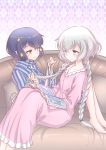  2girls barefoot black_hair blue_eyes braid braiding_hair commentary_request couch dress hairdressing highres konno_junko leaning_back long_hair low_twintails magazine mizuno_ai multiple_girls nightgown pajamas pillow pink_dress reading red_eyes short_hair silver_hair sitting sleepwear smile striped striped_pajamas studiozombie twin_braids twintails very_long_hair zombie_land_saga 