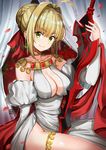  aestus_estus arm_at_side artist_name bangs bare_shoulders blonde_hair blush braid breasts choker cleavage closed_mouth collarbone curtains detached_sleeves earrings eyebrows_visible_through_hair fate/grand_order fate_(series) green_eyes hair_bun hair_ribbon hand_up hiroki_(hirokiart) jewelry juliet_sleeves large_breasts long_sleeves looking_at_viewer nero_claudius_(fate) nero_claudius_(fate)_(all) pelvic_curtain petals puffy_sleeves red_ribbon ribbon shiny shiny_hair short_hair shoulder_necklace sidelocks sitting smile solo sparkle thigh_strap thighs 