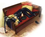  black_hair cape cape_removed commentary_request devil_summoner gouto hat kuzunoha_raidou male_focus raizou sheath sheathed shin_megami_tensei shoes_removed sideburns sleeping solo sword weapon 