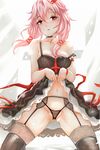  breasts cleavage dress dress_lift garter_belt guilty_crown hair_ornament hairclip kneeling lifted_by_self long_hair looking_at_viewer medium_breasts navel nonoririn pink_hair red_eyes solo strap_slip thighhighs thong yuzuriha_inori 