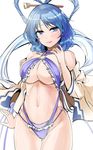  blue_eyes blue_hair blue_swimsuit breasts closed_mouth cowboy_shot hair_ornament hair_rings hair_stick hand_up highres kaku_seiga large_breasts lips looking_at_viewer navel o-ring shawl simple_background sketch slingshot_swimsuit smile solo stomach swimsuit thigh_gap touhou underboob wavy_hair white_background y2 