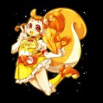  :d animal_ears arisugawa_himari black_background bow brown_eyes brown_hair cake_hair_ornament choker cure_custard dress elbow_gloves extra_ears food_themed_hair_ornament full_body gloves hair_ornament kirakira_precure_a_la_mode kneehighs large_tail looking_at_viewer magical_girl ninomae open_mouth orange_bow orange_footwear ponytail precure red_neckwear shoes short_hair simple_background smile solo squirrel_ears squirrel_tail tail v white_gloves yellow_bow yellow_dress yellow_legwear yellow_tongue 