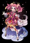  :d black_background bright_pupils brooch detached_sleeves earrings full_body japanese_clothes jewelry kimono looking_at_viewer ninomae open_mouth pink_eyes pink_hair precure precure_dream_stars red_sleeves sakura_(precure) sandals see-through short_hair simple_background smile solo standing thighhighs twintails 