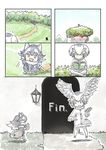  bag comic forest grey_wolf_(kemono_friends) head_wings highres kemono_friends multiple_girls murakami_kou_(raye) nature northern_white-faced_owl_(kemono_friends) outdoors silent_comic tree younger 