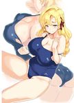  ass blonde_hair blue_swimsuit blush breasts cleavage closed_mouth collarbone covered_nipples eyebrows_visible_through_hair green_eyes hair_ribbon hands_on_own_chest highres kiyama_satoshi large_breasts long_hair looking_at_viewer md5_mismatch multiple_views old_school_swimsuit one-piece_swimsuit original plump ribbon school_swimsuit sitting strap_slip swimsuit wavy_hair 