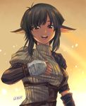  animal_ears armor black_hair breasts brown_eyes commentary_request copyright_request detached_sleeves genshi happy_tears lips looking_at_viewer medium_breasts mismatched_sleeves parted_lips pauldrons ribbed_sweater short_hair_with_long_locks solo sweater tears 