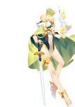  absurdres aqua_eyes artoria_pendragon_(all) artoria_pendragon_(swimsuit_archer) blonde_hair blue_ribbon bow bowtie cape casual_one-piece_swimsuit crown excalibur fate/grand_order fate_(series) green_cape groin gun hair_ribbon high_heels highres holding holding_gun holding_sword holding_weapon looking_at_viewer one-piece_swimsuit open_mouth ribbon sidelocks simple_background solo standing swimsuit sword tefco water_gun weapon white_background yellow_neckwear 