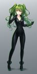  absurdres ankle_boots bangs black_bodysuit black_footwear bodysuit boots breasts closed_mouth collarbone digital_media_player earphones earphones_removed eyebrows_visible_through_hair full-length_zipper full_body girls_frontline gloves green_gloves green_hair grey_background hair_between_eyes highres holding ipod legs_apart long_hair looking_at_viewer m950a_(girls_frontline) npt_(akzkfhsk0503) platform_boots platform_footwear simple_background skin_tight small_breasts solo standing tsurime twintails yellow_eyes zipper zipper_pull_tab 