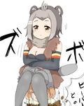  :t american_beaver_(kemono_friends) animal_ears beaver_ears beaver_tail black-tailed_prairie_dog_(kemono_friends) breasts brown_eyes cleavage commentary_request crossed_arms digging elbow_gloves fur_collar gloves grey_legwear highres kemono_friends kokuin medium_breasts multiple_girls pantyhose pout shorts sitting sitting_on_person sketch tail translation_request vest white_background 