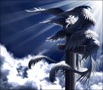  animalization bird cloud cloudy_sky commentary cross highres light_rays multiple_wings red_eyes sariel sitting skudde sky touhou touhou_(pc-98) wings 