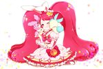  aihira_(aihira12) animal_ears bunny_ears choker closed_mouth creature cure_whip dress fairy full_body gloves hairband highres kirakira_precure_a_la_mode kirarin_(precure) kneeling long_hair magical_girl one_eye_closed pikario_(precure) pink_eyes pink_footwear pink_hair pink_hairband pink_neckwear precure shoes simple_background smile star twintails usami_ichika white_background white_dress white_gloves 