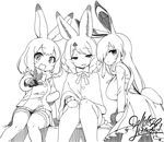  :3 animal_ears arctic_hare_(kemono_friends) blush bow bowtie bunny_ears bunny_tail buttons dated european_hare_(kemono_friends) eyebrows_visible_through_hair fur_collar gloves greyscale kemono_friends long_hair medium_hair monochrome mountain_hare_(kemono_friends) multiple_girls neck_ribbon open_mouth ribbon signature sitting sketch tail thighhighs v yoshida_hideyuki 