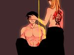  1girl bare_chest black_hair blindfold blonde_hair commentary_request covering doya expressionless facing_away fingernails fullmetal_alchemist hand_on_another's_face long_hair nude nude_cover riza_hawkeye roy_mustang scar short_hair simple_background standing tattoo 