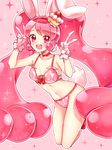  :d animal_ears bow bra bunny_ears bunny_tail cake_hair_ornament choker collarbone cure_whip double_v eungking_(tog2029) extra_ears food_print food_themed_hair_ornament full_body gloves hair_ornament hairband highres kirakira_precure_a_la_mode long_hair looking_at_viewer magical_girl navel open_mouth panties pink_background pink_bra pink_eyes pink_hair pink_hairband pink_neckwear pink_panties precure red_bow simple_background smile solo strawberry_print tail twintails underwear usami_ichika v white_gloves 
