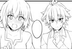  1girl ahoge bangs blush comic commentary couple eyebrows_visible_through_hair fate/apocrypha fate_(series) greyscale hand_on_own_chin hetero jeanne_d'arc_(fate) jeanne_d'arc_(fate)_(all) monochrome nyorotono shirt short_hair sieg_(fate/apocrypha) speech_bubble sweat translation_request waistcoat 
