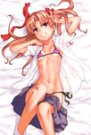  :d arms_up bangs bare_legs bed_sheet bikini black_skirt blush body_blush breasts breasts_apart brown_eyes brown_hair clothes_removed eyebrows_visible_through_hair from_above hair_ribbon knees_up linea_alba looking_at_viewer lying navel on_back on_bed open_clothes open_mouth open_shirt parted_bangs pink_bikini raika9 red_ribbon ribbon shirai_kuroko shirt side-tie_bikini skirt skirt_pull small_breasts smile solo swimsuit tan teeth thighhighs to_aru_kagaku_no_railgun to_aru_majutsu_no_index twintails white_legwear white_shirt 