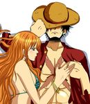  1boy 1girl black_eyes black_hair blush couple female hat hug long_hair male monkey_d_luffy nami_(one_piece) one_piece orange_hair pirate short_hair smile straw_hat_pirates tattoo together 