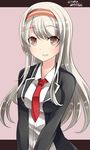  :d alternate_costume blazer brown_eyes commentary_request hairband hebitsukai-san highres jacket kantai_collection long_hair looking_at_viewer necktie open_mouth remodel_(kantai_collection) school_uniform shoukaku_(kantai_collection) silver_hair smile solo v_arms 