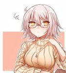  adjusting_clothes ahoge alternate_costume bespectacled blush breasts casual closed_mouth eyebrows_visible_through_hair fate/apocrypha fate_(series) glasses hair_between_eyes jeanne_d'arc_(alter)_(fate) jeanne_d'arc_(fate)_(all) jewelry long_sleeves looking_at_viewer medium_breasts necklace pendant ribbed_sweater rimless_eyewear short_hair silver_hair solo squiggle sweater twitter_username two-tone_background upper_body yellow_eyes yellow_sweater yukari_(bryleluansing) 