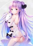  ass azur_lane bangs bare_shoulders black_bow black_ribbon blush bow closed_mouth commentary_request detached_sleeves dress from_side grey_background hair_bun hair_ribbon highres long_hair looking_at_viewer looking_to_the_side object_hug one_side_up purple_eyes purple_hair ribbon side_bun simple_background solo strapless strapless_dress stuffed_alicorn stuffed_animal stuffed_toy tamakinoki thighhighs unicorn_(azur_lane) very_long_hair white_dress white_legwear 