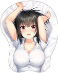  :d aldehyde arms_up bed_sheet black_hair blush bracelet breast_mousepad breasts cleavage collarbone collared_shirt commentary_request dress_shirt eyebrows_visible_through_hair from_above highres imoko_(neeko's_sister) jewelry large_breasts looking_at_viewer mousepad open_mouth original red_eyes shiny shiny_hair shirt short_hair short_sleeves sidelocks smile solo tsurime upper_body white_shirt wing_collar 