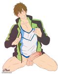  1boy blush bottomless free! looking_at_viewer male_focus muscle penis phausto presenting smile solo tachibana_makoto teeth testicles undressing 