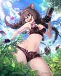  animal_ears bikini bikini_top blue_sky braid breasts brown_hair building bush camera camouflage camouflage_bikini candy cat_ears chocolate city cleavage cloud day foliage food highres large_breasts long_hair mappaninatta navel official_art open_mouth outdoors purple_eyes short_shorts shorts sky skyscraper solo standing swimsuit twin_braids venus_rumble wardrobe_malfunction watermark wavy_mouth 